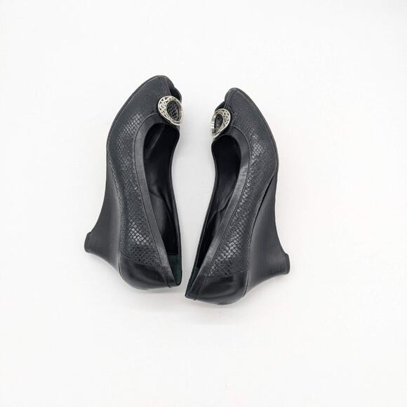 Brighton Black Leather Open Toe Wedges Silver Buckle Detail Size 8 - Picture 9 of 11